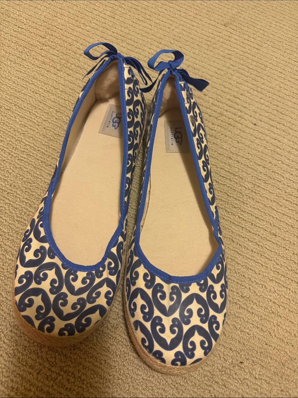 UGG Blue and White Patterned Canvas Ballet Flats with Bow